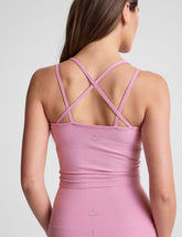 pink waist length, V neckline tank top with a self shelf bra and criss-cross strap back detail.